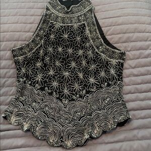Papell Boutique Black and Silver Beaded Evening Top